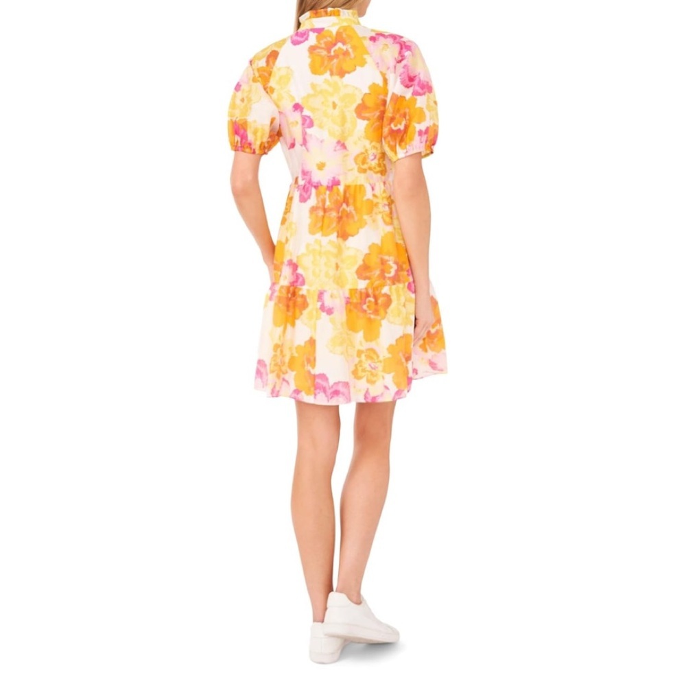 CeCe Tiered Split Ruffle Collar V Neck Baby Doll Floral Dress SZ M Pink Yellow - Picture 2 of 9